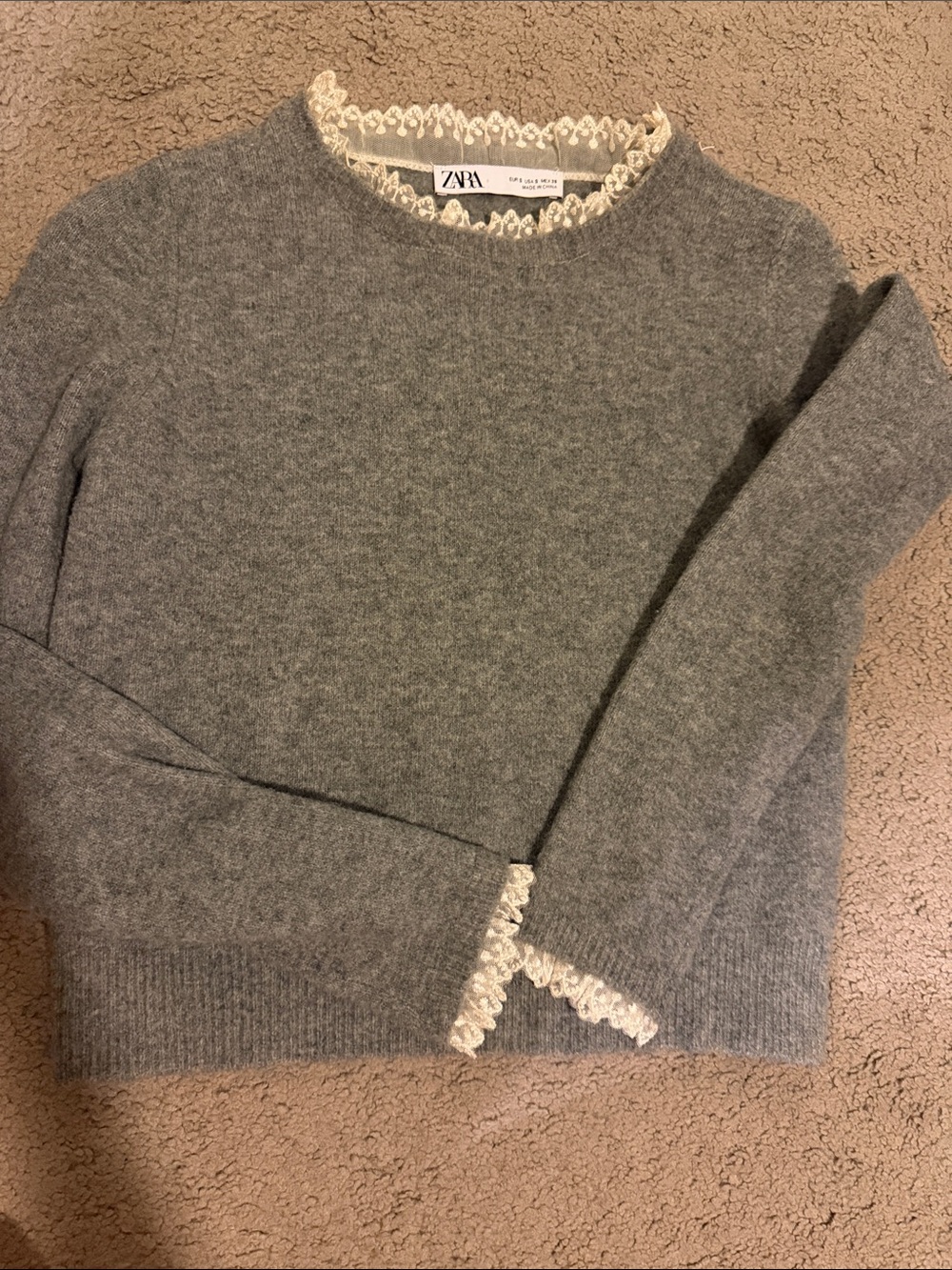 ZARA Gray Sweater with Cream Lace-Trimmed Neckline